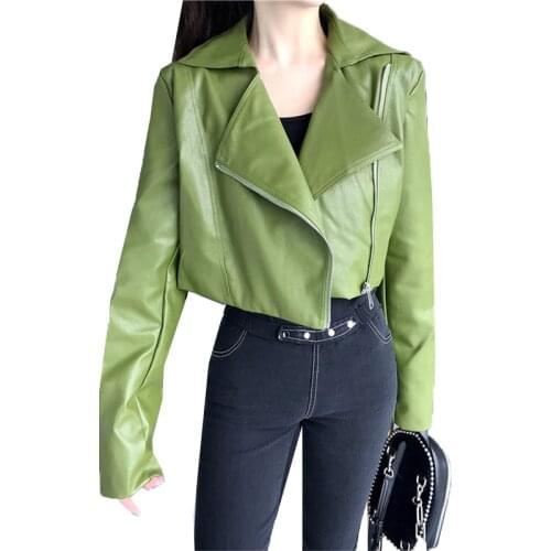PU Leather Jacket Women Spring Autumn Faux Leather Coat Lady Basic Soft Short Coat Outerwear Motorcycle clothing Green Black
