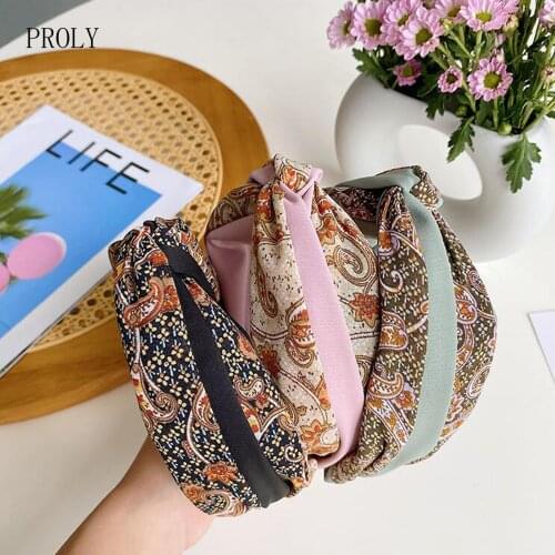 PROLY New Fashion Women Headband Wide Side Soft Bohemia Flower Hairband Patchwork Cross Knot Headwear Adult Hair Accessories