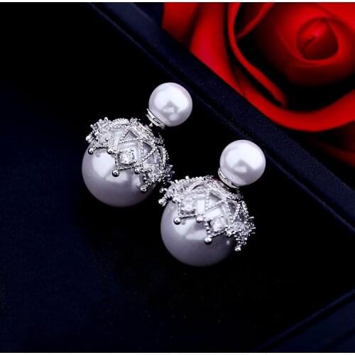SWOUR New Bridal Jewelry 925 Sterling Silver Earrings Cubic Zircon Lace Design Double Pearls Stud Earrings High Quality S143