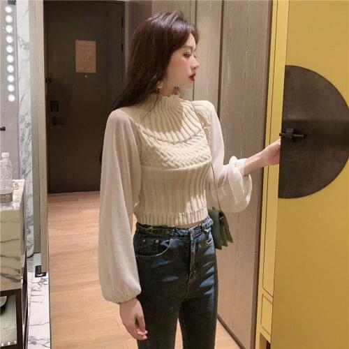 Woman Sweaters Pullover Autumn Winter Trendy Semi-High Collar Chiffon Puff Sleeve High Waist Top Short Femme Chandails