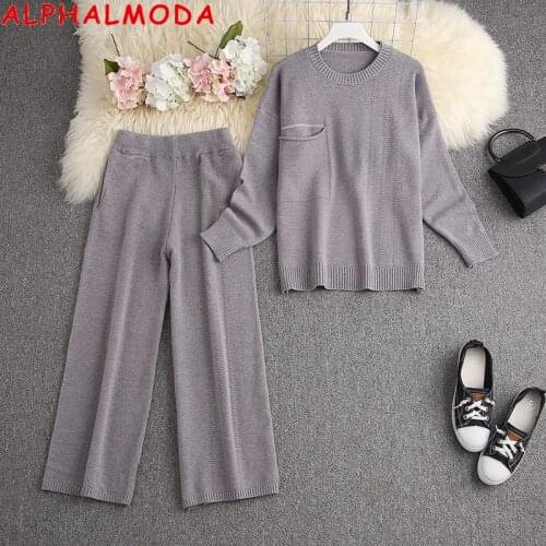 ALPHALMODA 2020 Winter Women Loose Pocket Sparkling Sweater + Wide-leg Pants 2pcs Fashion Suit