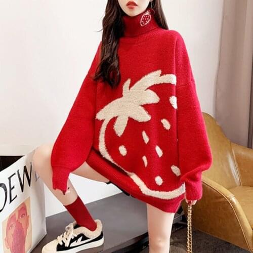 Turtleneck Women Pullover Sweater Winter Warm Knitted Pullover Loose Fashion Sweater Big Strawberry Long Sleeve Sweaters Womens