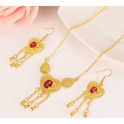 Women Jewelry set Gold filled heart cz PendantNecklaces/Earrings pendant African Bridal Habesha Ethiopia Wedding girl Gift