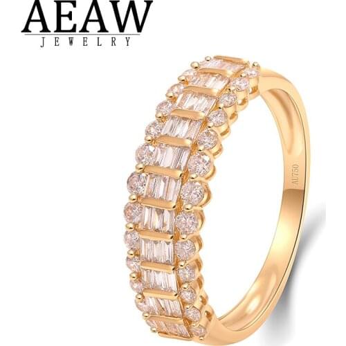 AEAW Fashion 0.6ctw Round Baguette Natural Diamond Engagement Rings 100% Real Diamond Solid 18K Yellow Gold Fine Ring For Women