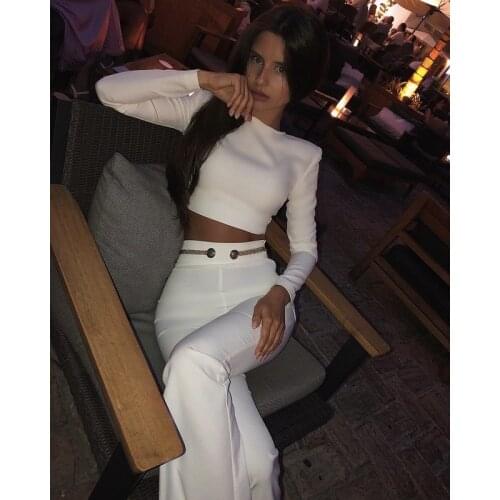 Celebrity High Quality White 2 Pieces Set Long Sleeve Fashion Rayon Bandage Set Night Club Party Set