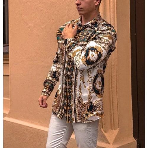 2020 Fashion Mens Printed Shirt Casual Business Long Sleeve Loose Shirt hawaiian shirt luxury retro plus Size streetwear