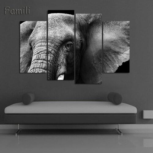 4Panel Animal Art Children Living Room Decoration African Elephants Canvas Printed Painting Wall Hanging Home Decor Unframed