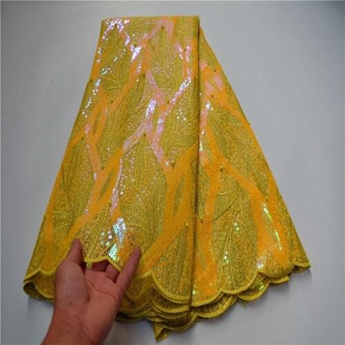 African Sequins Cord Lace Fabric High Quality Yellow Lace French Sequence Tulle Lace Nigerian Voile Lace Fabrics FLP-1121