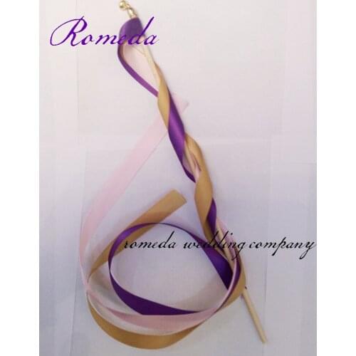 Free Shipping Mix Color Ribbon stain wedding ribbon wands sticker with gold bell for wedding party
