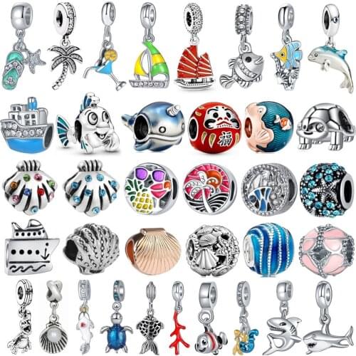 Beach Blue Ocean Series Dolphin Turtle Shark Sailboat Charm Beads Suitable for Pandora Bracelet DIY Jewelry Making Gifts