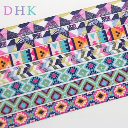DHK 5/8'' 50yards tribal plaid printed Fold Elastic FOE stretch ribbon hairbow headwear headband DIY OEM S1065