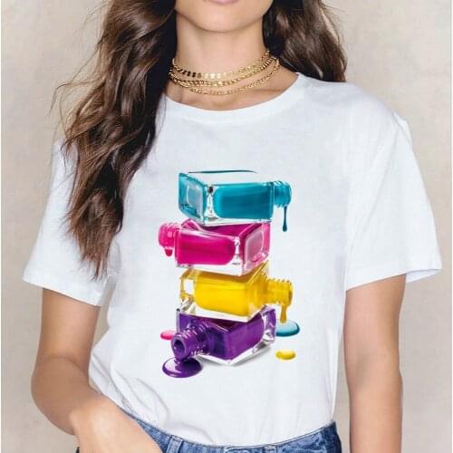 3D Color Nail Polish Bottle Creative Printing Round Neck Short-sleeved T-shirt Women 2021 Summer Loose Top Oversized T-shirt 4XL