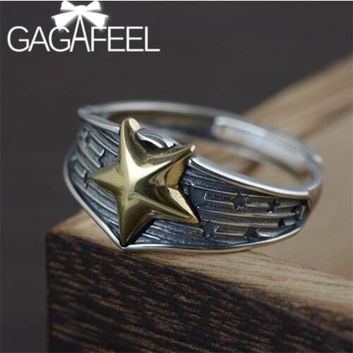 GAGAFEEL Real 925 Sterling Silver Ring Fashionable Gold Five-pointed Star Open Ring Unisex Copper Star Rings Thai Silver