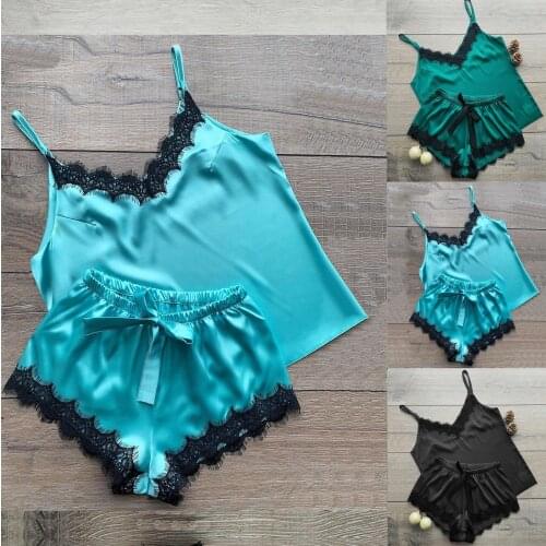 Sexy Pajamas Lingerie Set Satin Lace V-Neck Camisole Shorts Underwear for Women Casual Nightwear Bielizna Damska Size M-3XL