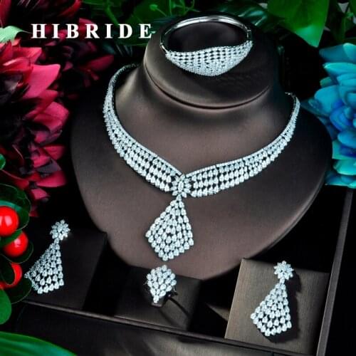 HIBRIDE Fashion Luxury Design Women Wedding Bridal Cubic Zirconia Necklace Dubai Dress Jewelry Set White Gold Color Sets N-817