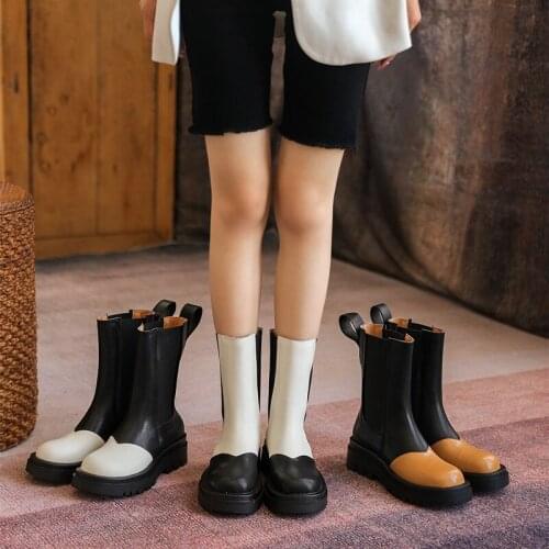 Mixed Colors Leather Retro Chelsea Boots Round Toe Slip On Ankle Boots Flat Shoes for Womens Boots Platform Boots New Botas