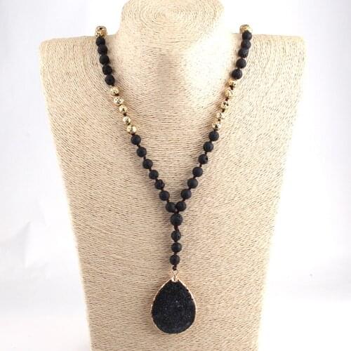 Fashion Bohemian Tribal Jewelry long Knotted Lava Stones and Black Lava Pendant Necklace