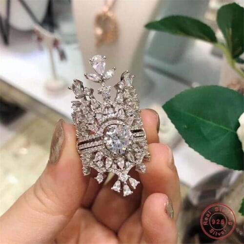 2020 New Sparkling Crown Ring Luxury Jewelry 100% Pure 925 Sterling Silver Water Drop 5A Zircon 2 IN1 Women Wedding Ring Gift