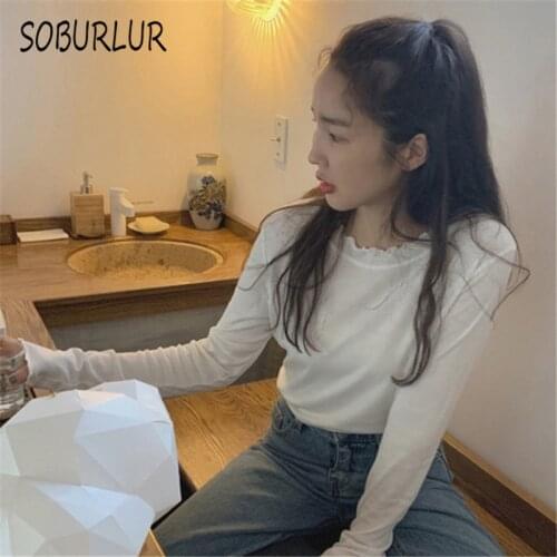 SOBURLUR 2021 New Basic Long Sleeve Tunics All-match Womens T-Shirts Crop Tops For Girls White T Shirt Female Clothes Fashion