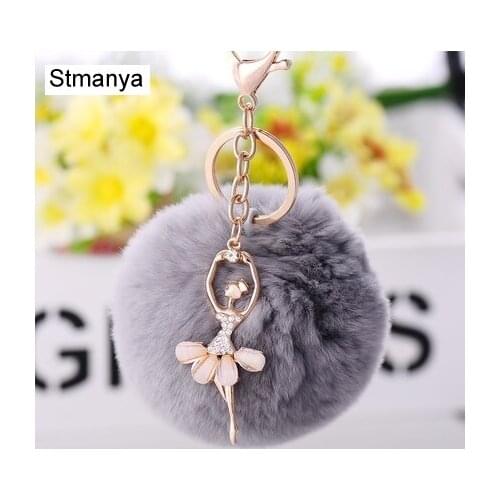 Originality Rex Rabbit Pompon Key Chain Lovely Rhinestone angel pendant Car Key Ring Bag Charm Accessories Gift Jewelry K1627