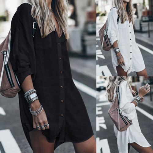 2019 Women Summer Long Sleeve Shirts Fashion Black White Long Loose Blouse Beach Holiday Casual Shirt Top Street Wear New