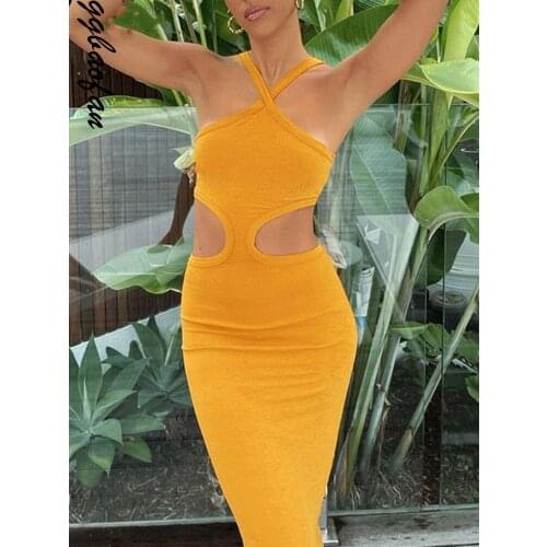 Ggbaofan Sexy Halter Backless Cut Out Dresses Women Outfits Club Midi Dress Sleeveless Dresses Elegant Clothes 2021 Summer