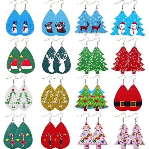 New Christmas Tree Elk Leather Earrings Snowflake PU Leather Earrings Drop-Shaped Earrings Female Fashion Jewelry Gifts