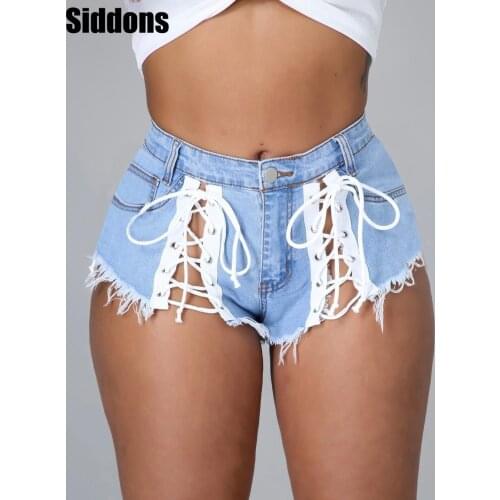Sexy Summer Women Ripped Hole Fringe Blue Denim Shorts High Waist Ripped Short Jeans Femme Tassel Lace Up Bandage Hotpants