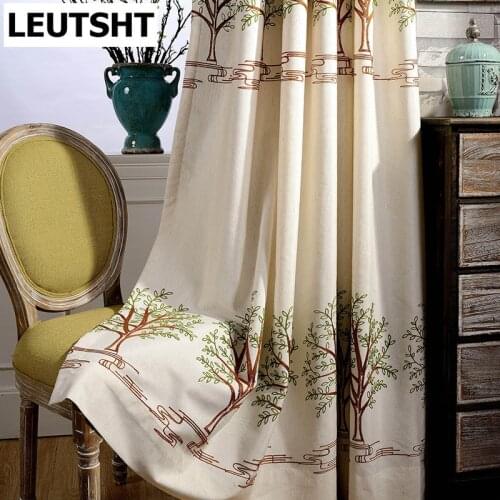 Modern Curtains for Living Room Dining Bedrooms Pastoral Chinese Style Cotton-linen Embroidered French Window Tulle Curtains
