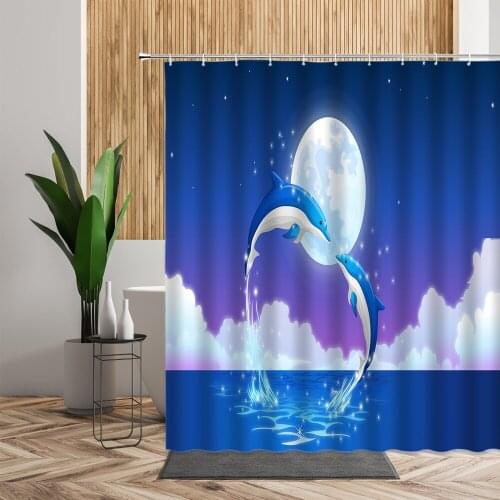 Blue Dolphin Shower Curtain Set Moon Ocean Sea Night View Valentine Bathroom Decoration Bath Waterproof Curtains For Kid Bedroom