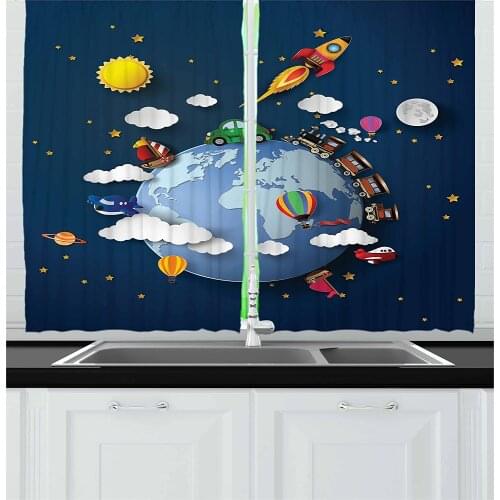 Earth Travel Airplane Rocket Spaceship Window Curtains Kitchen Drapes Panel Home Decor Curtains for Living Room