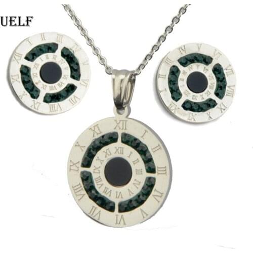 UELF Silver Color Stainless Steel Jewelry Stes Roman Number Women Earrings & Necklace Set for Female Jewelry Round Disc Design