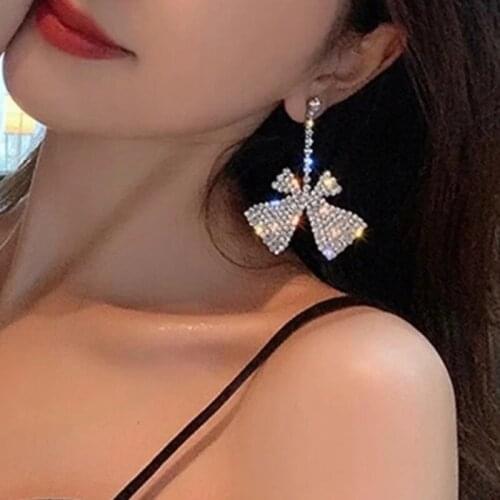 Bowknot Bow Pendants Earrings Women Full Rhinestone Korean Shining Butterfly Jewellery Fashion Charm Gift