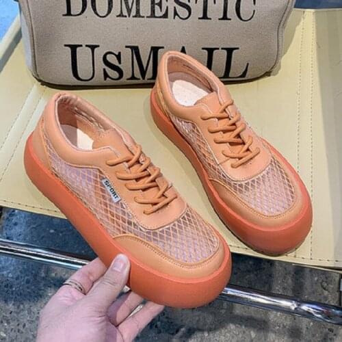Mesh Breathable Comfortable Pure Color Womens Single Shoes Summer New Lace-up Thick-soled Net Shoes Large Size 35-40