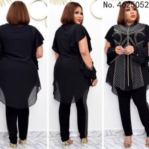 2021 Women Short Sleeve Stand Collar Zipper Large Fashion Casual Party Commuting Chiffon Hot Drill Two-Piece Set