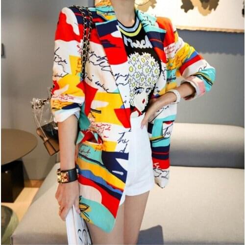 Korean 2019 Spring Women letter Printed Colorful Blazer Elegant Ladies Chic Streetwear Hip Hop Sport Coat Suit Jackets