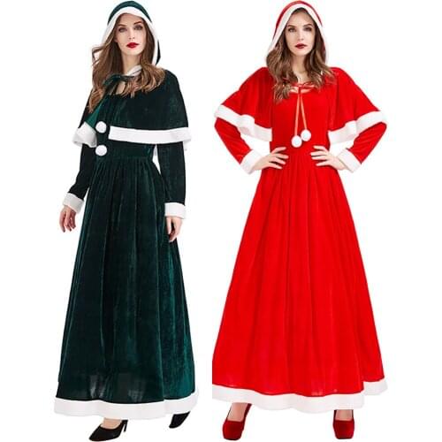 Sexy Christmas Santa Claus Long Gown Women Red Green Hooded Cloak Maxi Fancy Dresses Xmas Party Velvet Warm Miss Santa Costume