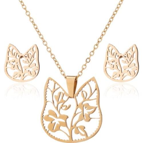 AsJerlya Necklace Lady Pet Kitty Animal Necklace Simple Small Fresh Tree Leaf Flower Pendant Earrings Collar For Women Gifts