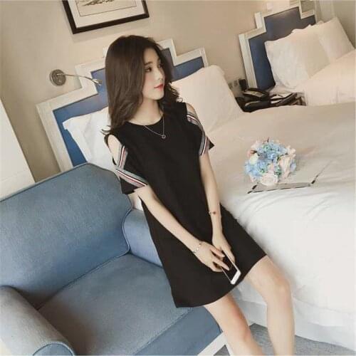 2021 summer new black off shoulder short sleeve dress womens loose medium length T-shirt skirt