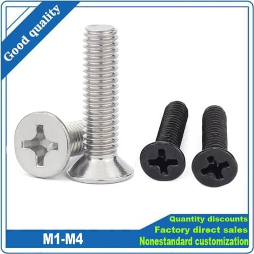 50pcs Mini Micro Small Black 304 Stainless steel Cross Phillips Flat Countersunk Head Screw Bolt M1 M1.2 M1.4 M1.6 M2 M2.5 M3 M4