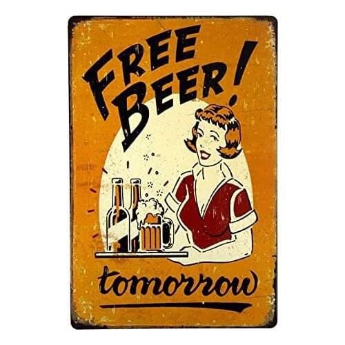 Free Beer Tomorrow Bar Pub Garage Man Cave Rustic Metal Tin Sign Yellow Vintage