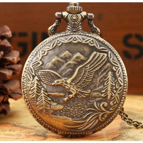 Vintage Flying Eagle Necklace Pocket Watch Men Women Bronze Sweater Chain Pendant Clock Arabic Numerals Display Round Dial