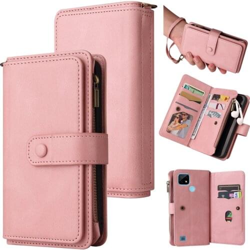 Zipper Wallet Case for Realme C21 C15 C12 C11 V13 V5 Vintage Leather Handbag Card Pocket Stand Phone Case for Realme 8 Pro GT