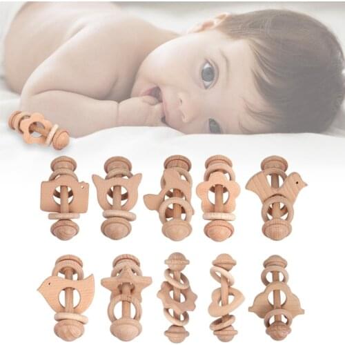 Baby Wooden Beech Teether Bell Rattle Ring Soother Molar Toddler Teething Toys B36E