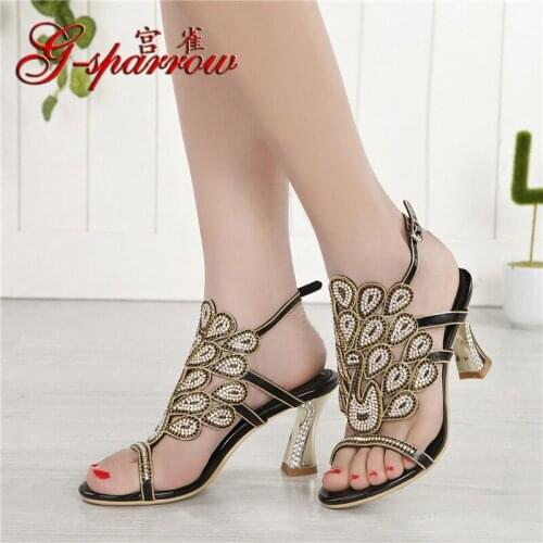 G-sparrow 2019 Summer New Style Diamond Sexy Womens Hollow High-heeled Elegant Shoes Rhinestone Open Toe Stiletto Sandals