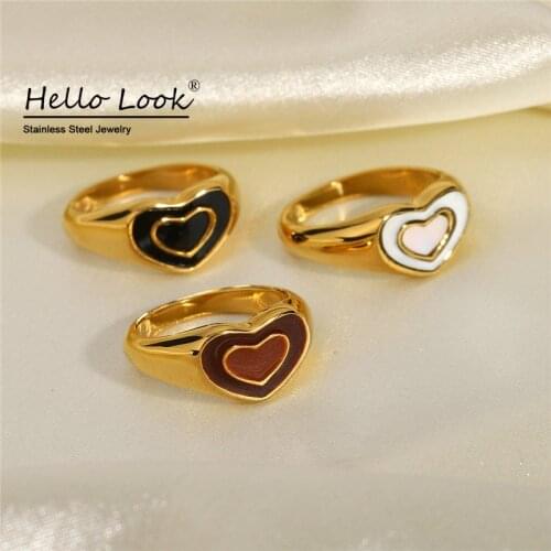 HelloLook Dripping Oil Heart Ring Waterproof Not Fade Stainless Steel Stacking Finger Ring Jewelry Women Accessories Size 6/7/8