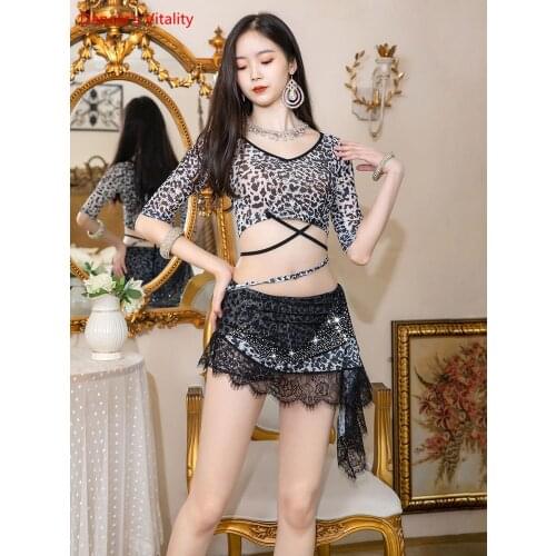 Belly Dance Suit Mesh Leopard Print Top Diamond-Studded Skirt Practice Clothes Set Adult Oriental Dancing Performance Clothing