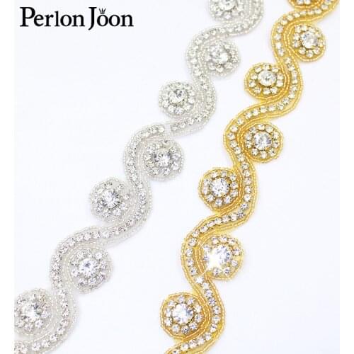 Handmade S shap round rhinestone trim band Hot Fix Sew on bridal accessories the Crystal Applique for Wedding Dress belt WH042