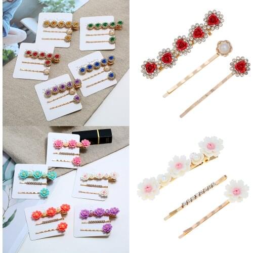 Pack of 3 simple creative hair clip for women with inlaid faux pearl /resin rhinestone flower design female side clip bangs clip