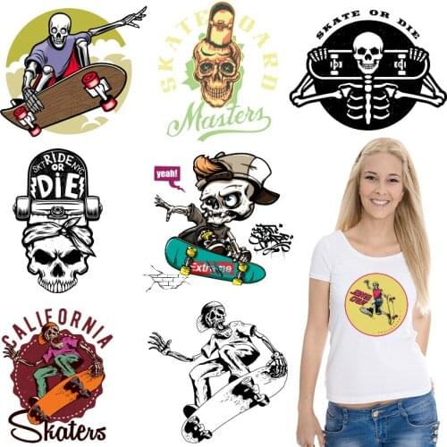 Skateboard skull Heat Transfer Patches for clothing Stickers on fabric manualidades diy craft Stickers on Clothes